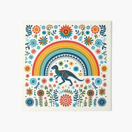 Vista previa del artículo con la obra «Lindo dinosaurio raptor con arcoíris y flores - Arte popular escandinavo de heidiannemorris ©», diseñado y vendido por FOLK ART FUSION by heidiannemorris.
