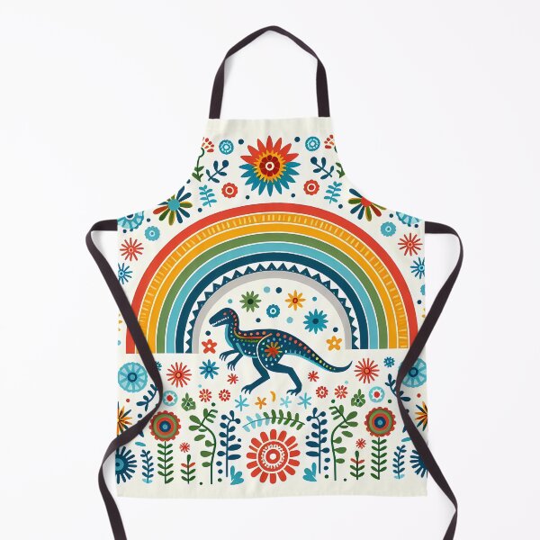 Item preview, Cute Raptor Dinosaur with Rainbow and Flowers - Scandinavian Folk Art by heidiannemorris © designed and sold by FOLK ART FUSION by heidiannemorris.
