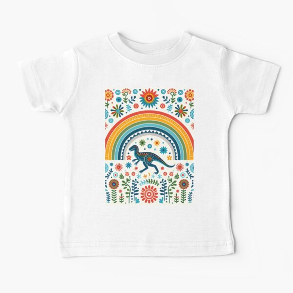 Item preview, Cute Raptor Dinosaur with Rainbow and Flowers - Scandinavian Folk Art by heidiannemorris © designed and sold by FOLK ART FUSION by heidiannemorris.