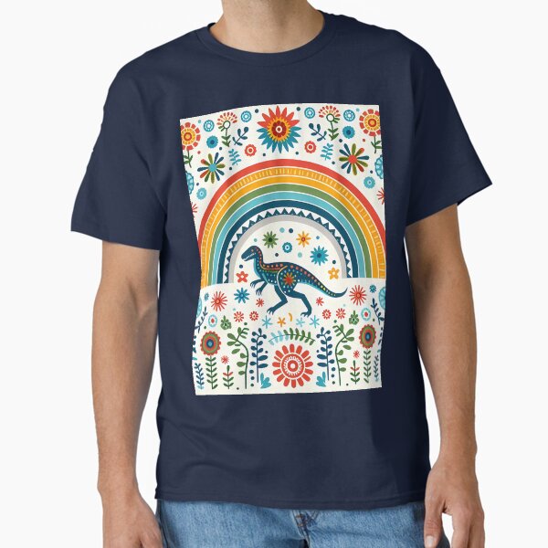 Item preview, Cute Raptor Dinosaur with Rainbow and Flowers - Scandinavian Folk Art by heidiannemorris © designed and sold by FOLK ART FUSION by heidiannemorris.