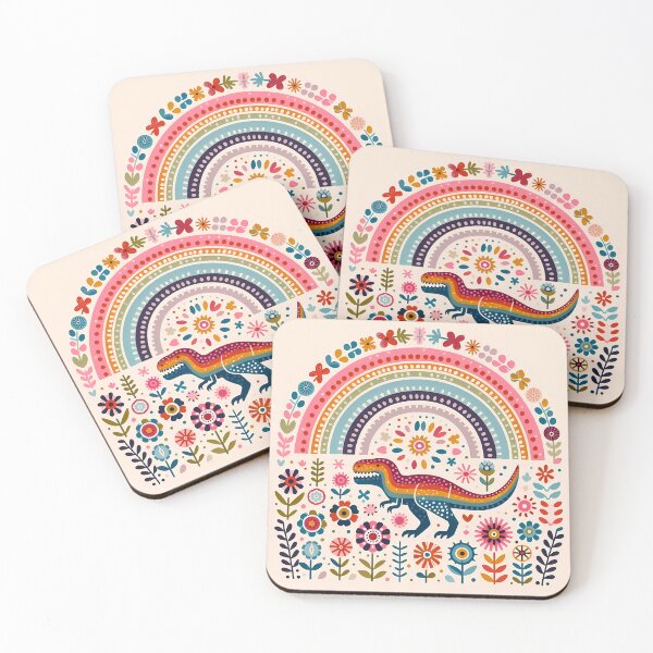 Item preview, Cute Tyrannosaurus Rex Dinosaur with Rainbow and Flowers - Scandinavian Folk Art by heidiannemorris © designed and sold by FOLK ART FUSION by heidiannemorris.