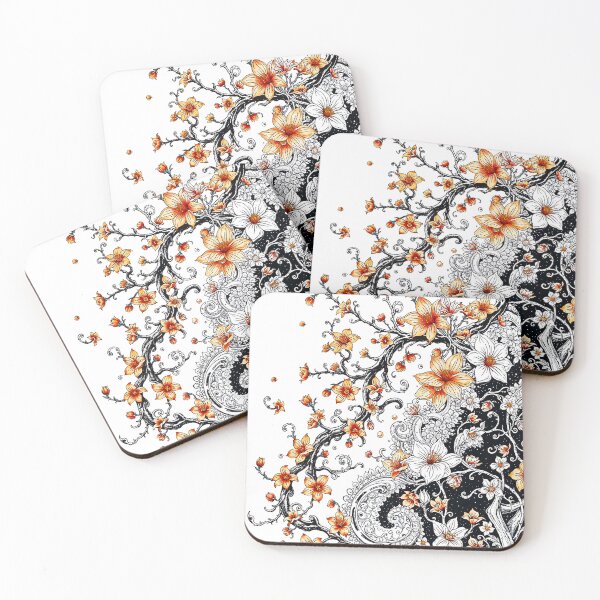Item preview, Artistic floral pattern in black, white and orange designed and sold by Garrulus glandarius.