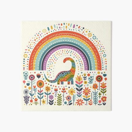 Vista previa del artículo con la obra «Lindo dinosaurio Alamosaurus con arcoíris y flores - Arte popular escandinavo de heidiannemorris ©», diseñado y vendido por FOLK ART FUSION by heidiannemorris.