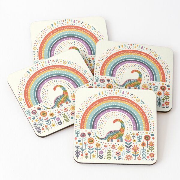 Item preview, Cute Alamosaurus Dinosaur with Rainbow and Flowers - Scandinavian Folk Art by heidiannemorris © designed and sold by FOLK ART FUSION by heidiannemorris.