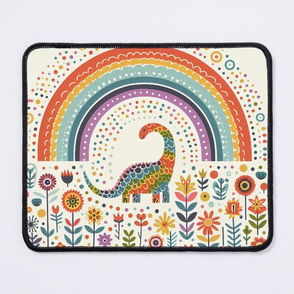 Item preview, Cute Alamosaurus Dinosaur with Rainbow and Flowers - Scandinavian Folk Art by heidiannemorris © designed and sold by FOLK ART FUSION by heidiannemorris.