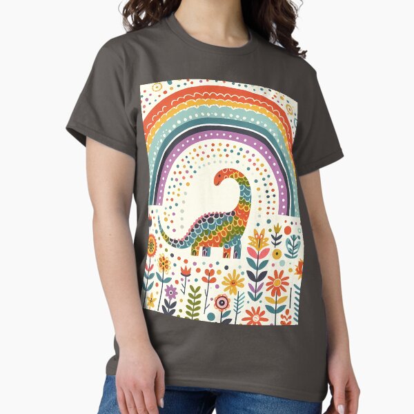 Item preview, Cute Alamosaurus Dinosaur with Rainbow and Flowers - Scandinavian Folk Art by heidiannemorris © designed and sold by FOLK ART FUSION by heidiannemorris.