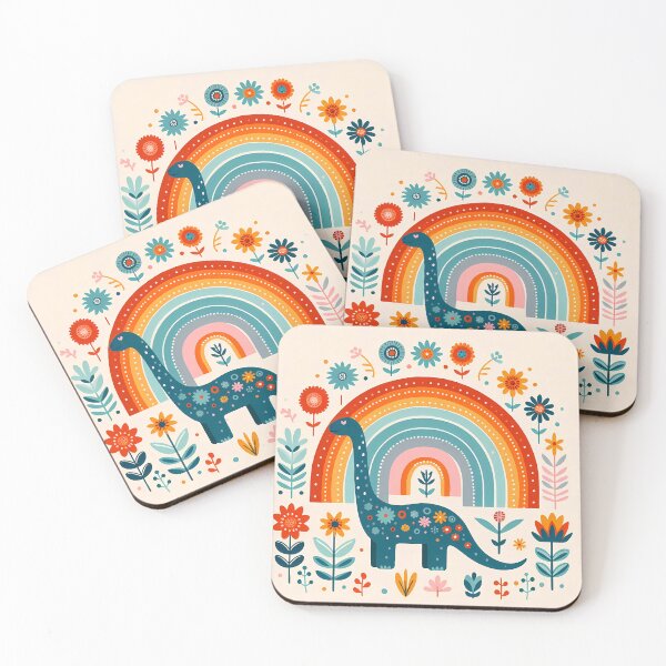 Item preview, Cute Blue Brontosaurus Dinosaur with Rainbow - Scandinavian Folk Art by heidiannemorris © designed and sold by FOLK ART FUSION by heidiannemorris.