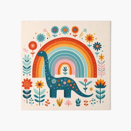 Vista previa del artículo con la obra «Lindo dinosaurio brontosaurio azul con arcoíris - Arte popular escandinavo de heidiannemorris ©», diseñado y vendido por FOLK ART FUSION by heidiannemorris.