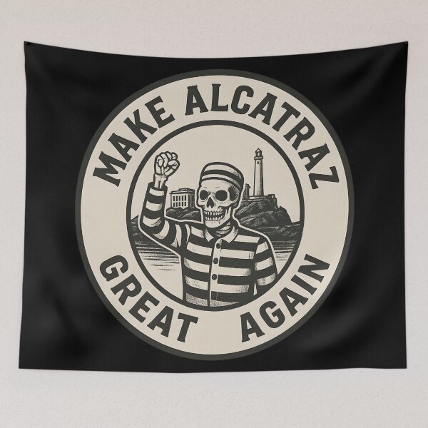 Item preview, Make Alcatraz Great Again Sticker – Skeleton Prisoner Parody Design designed and sold by WAUZ.