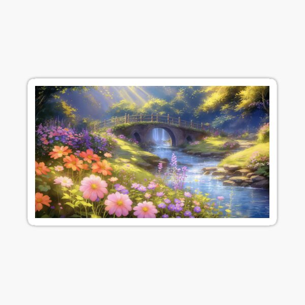Item preview, Colorful Fantasy Forest with River, Bridge, and Blooming Flowers in Sunlight designed and sold by FairyArtGallery.