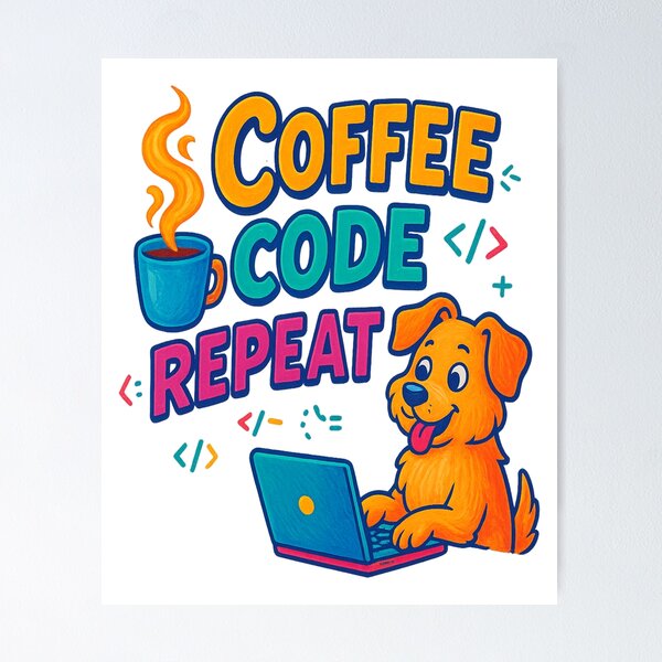 Artikel-Vorschau von Coffee Code Repeat – Niedliches Hundeprogrammierer-Design, designt und verkauft von ArtbyCrystal.