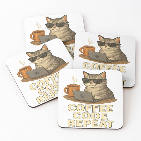 Item preview, Cool Cat Coder – Coffee Code Repeat Art designed and sold by ArtbyCrystal.
