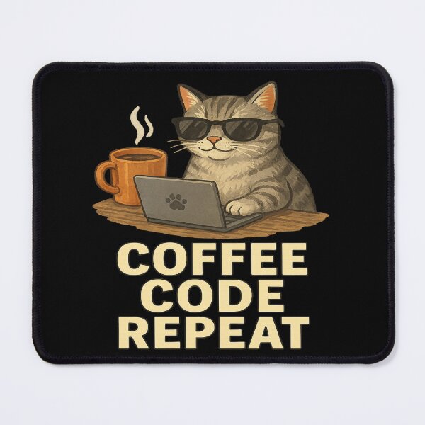 Item preview, Cool Cat Coder – Coffee Code Repeat Art designed and sold by ArtbyCrystal.