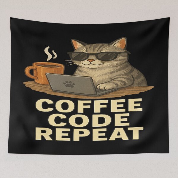 Item preview, Cool Cat Coder – Coffee Code Repeat Art designed and sold by ArtbyCrystal.