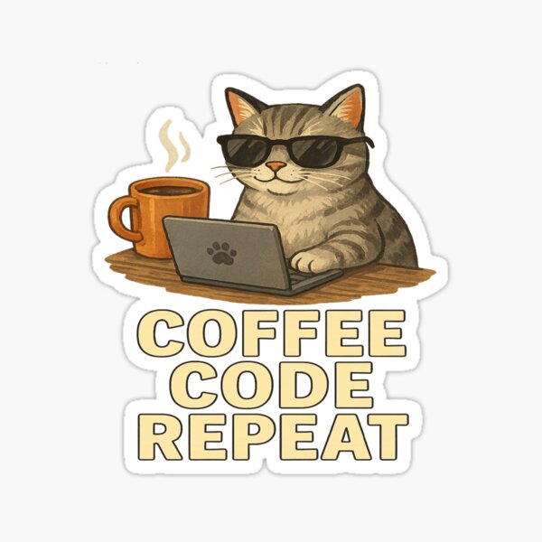 Artikel-Vorschau von Cool Cat Coder – Kaffee-Code-Wiederholungskunst, designt und verkauft von ArtbyCrystal.