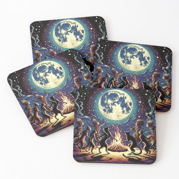 Item preview, Mystic Shamanic Cats Dancing Under The Full Moonlight 8k Wallpaper designed and sold by Keirnyx.
