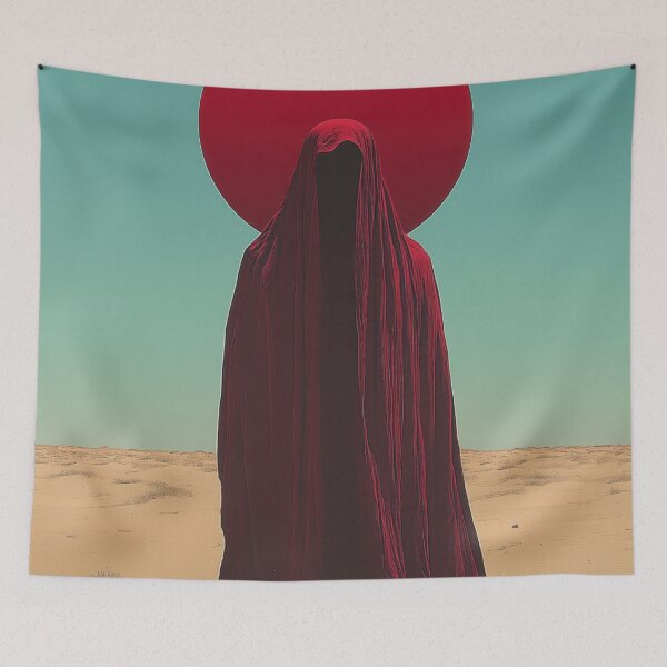 Item preview, Mysterious Red Cloaked Figure in Desert with Crimson Halo designed and sold by Retrocranio.