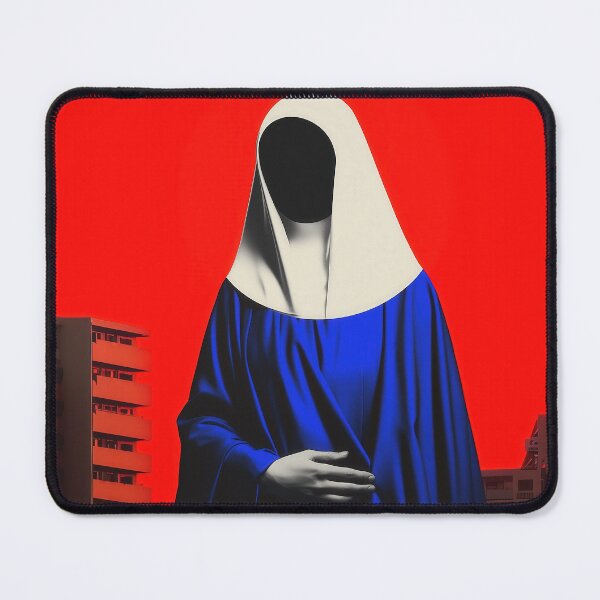 Item preview, Faceless Madonna in Blue Robes with Red Halo and Urban Skyline designed and sold by Retrocranio.