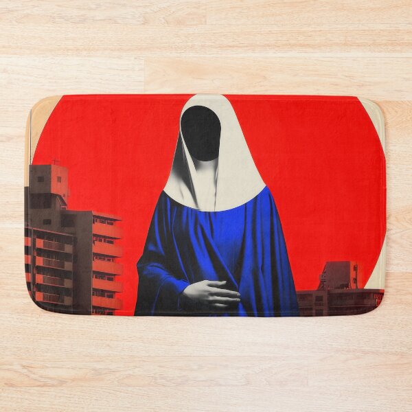 Item preview, Faceless Madonna in Blue Robes with Red Halo and Urban Skyline designed and sold by Retrocranio.