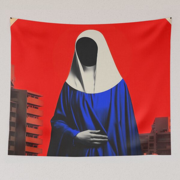 Item preview, Faceless Madonna in Blue Robes with Red Halo and Urban Skyline designed and sold by Retrocranio.