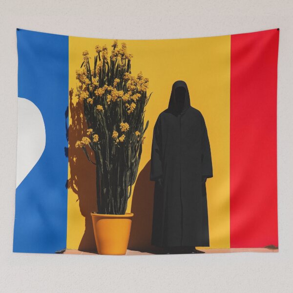 Item preview, Faceless Hooded Figure in Front of Colorful Wall with Heart and Cactu designed and sold by Retrocranio.
