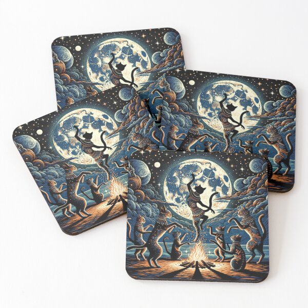 Item preview, Celestial Tribal Cat Dance Under the Full Moon Wallpaper Illustration designed and sold by Keirnyx.