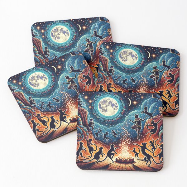 Item preview, Celestial Tribal Cat Dance Under the Full Moon 4k Wallpaper Illustration designed and sold by Keirnyx.