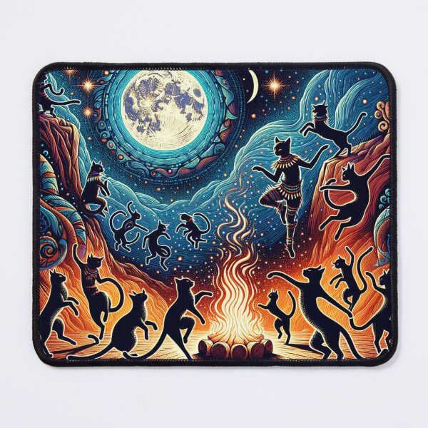 Item preview, Celestial Tribal Cat Dance Under the Full Moon 4k Wallpaper Illustration designed and sold by Keirnyx.