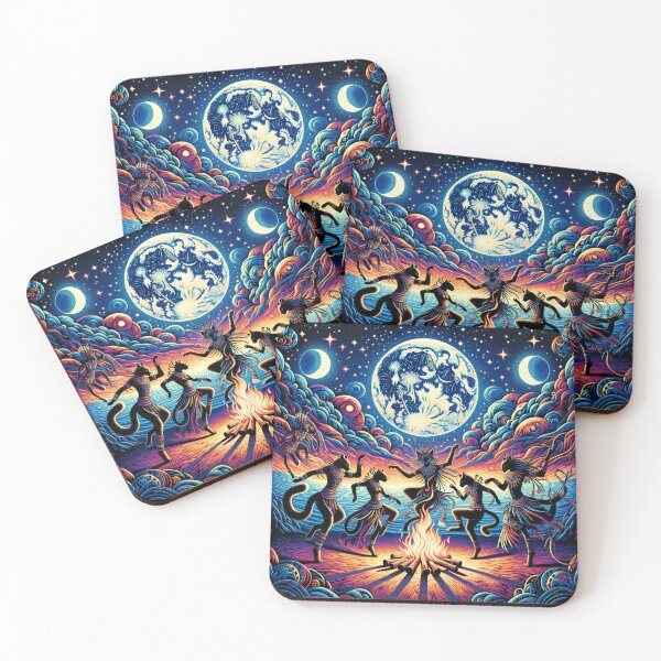Item preview, Celestial Tribal Cat Dance Under the Full Moon 4k Fantasy Wallpaper Illustration designed and sold by Keirnyx.