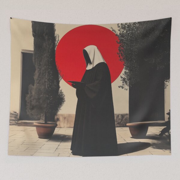 Item preview, Faceless Nun Reading in Courtyard with Bold Red Sun designed and sold by Retrocranio.