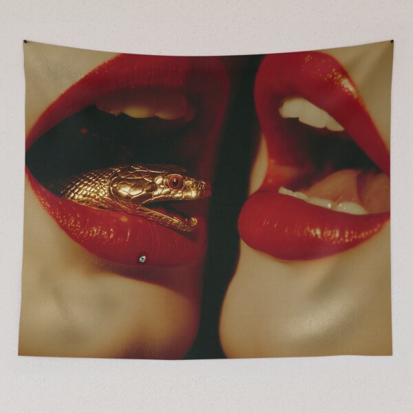 Item preview, Bold Red Lips with Golden Snake – Surreal Seduction Art designed and sold by Retrocranio.