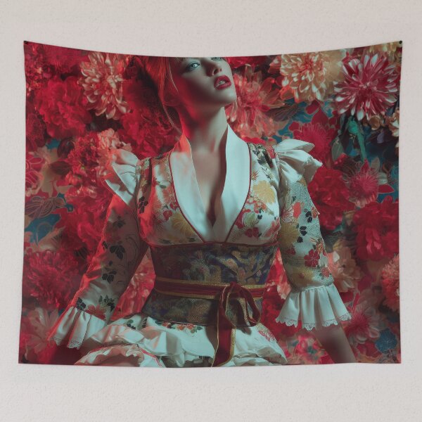 Item preview, Floral Fantasy Portrait in Kimono-Inspired Fashion Surrounded by Blossoms designed and sold by Retrocranio.