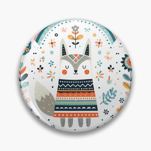 Item preview, Cute Wolf with Rainbow and Flowers - Scandinavian Folk Art by heidiannemorris © designed and sold by FOLK ART FUSION by heidiannemorris.