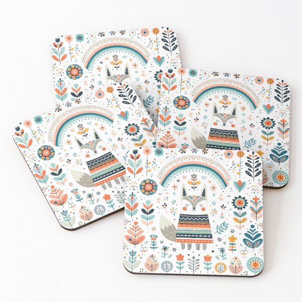 Item preview, Cute Wolf with Rainbow and Flowers - Scandinavian Folk Art by heidiannemorris © designed and sold by FOLK ART FUSION by heidiannemorris.