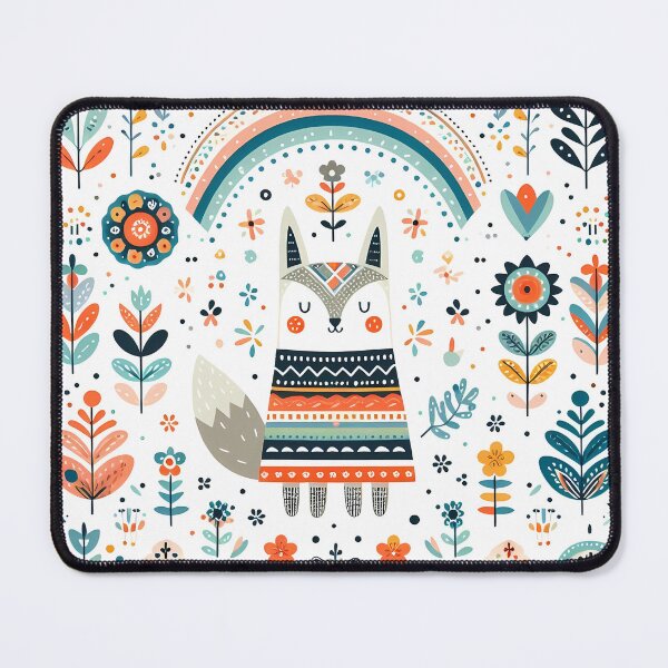 Item preview, Cute Wolf with Rainbow and Flowers - Scandinavian Folk Art by heidiannemorris © designed and sold by FOLK ART FUSION by heidiannemorris.