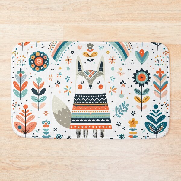 Item preview, Cute Wolf with Rainbow and Flowers - Scandinavian Folk Art by heidiannemorris © designed and sold by FOLK ART FUSION by heidiannemorris.