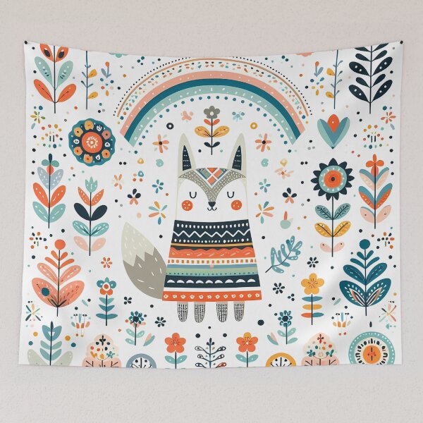 Item preview, Cute Wolf with Rainbow and Flowers - Scandinavian Folk Art by heidiannemorris © designed and sold by FOLK ART FUSION by heidiannemorris.