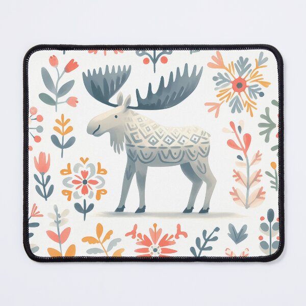 Item preview, Cute Moose with Antlers and Flowers - Scandinavian Folk Art by heidiannemorris © designed and sold by FOLK ART FUSION by heidiannemorris.