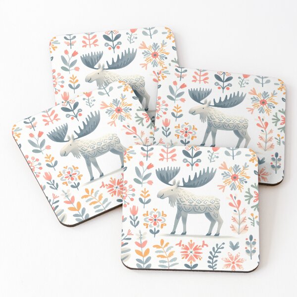 Item preview, Cute Moose with Antlers and Flowers - Scandinavian Folk Art by heidiannemorris © designed and sold by FOLK ART FUSION by heidiannemorris.