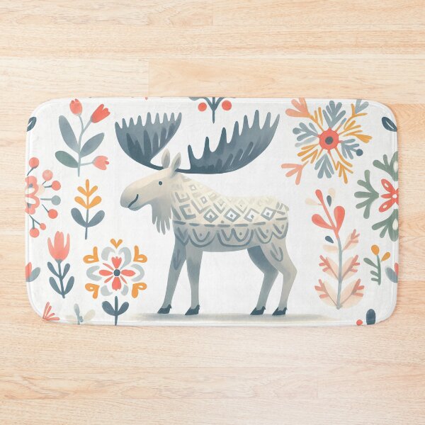 Item preview, Cute Moose with Antlers and Flowers - Scandinavian Folk Art by heidiannemorris © designed and sold by FOLK ART FUSION by heidiannemorris.