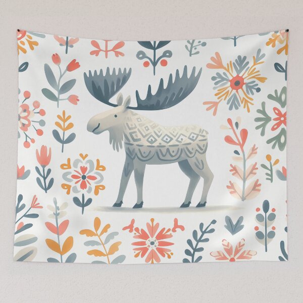 Item preview, Cute Moose with Antlers and Flowers - Scandinavian Folk Art by heidiannemorris © designed and sold by FOLK ART FUSION by heidiannemorris.