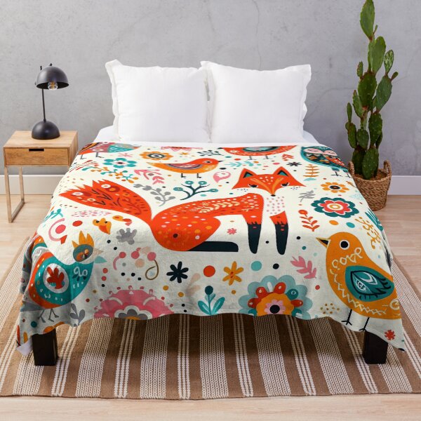 Item preview, Cute Red Fox with Owls and Birds - Scandinavian Folk Art by heidiannemorris © designed and sold by FOLK ART FUSION by heidiannemorris.