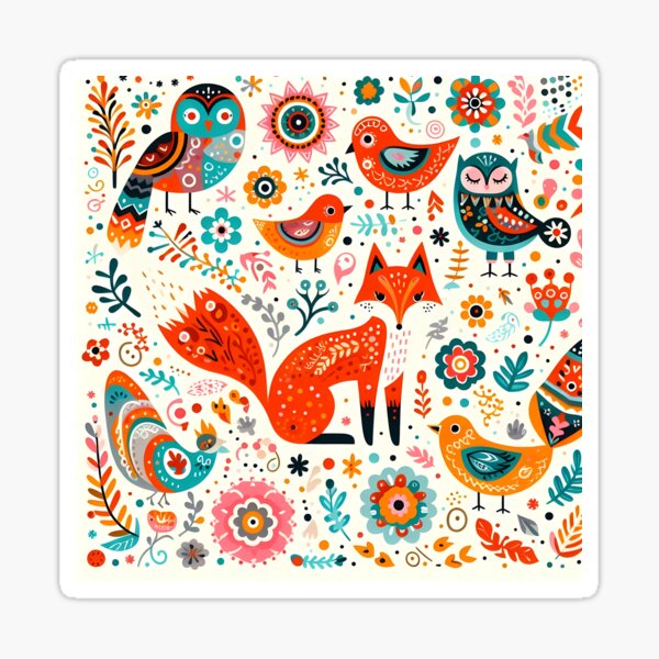 Item preview, Cute Red Fox with Owls and Birds - Scandinavian Folk Art by heidiannemorris © designed and sold by FOLK ART FUSION by heidiannemorris.
