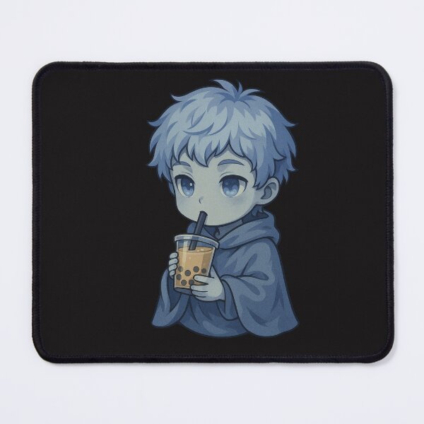 Item preview, Mist Boy Sipping Bubble Tea | Cute Chibi Anime Boy with Pale Blue Hair designed and sold by ColorSplash123.