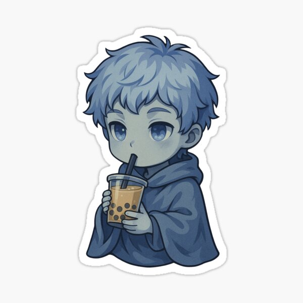 Item preview, Mist Boy Sipping Bubble Tea | Cute Chibi Anime Boy with Pale Blue Hair designed and sold by ColorSplash123.