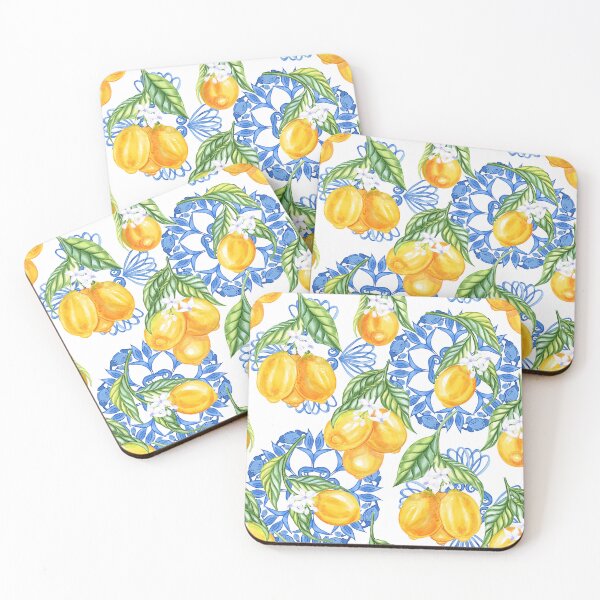 Item preview, Golden Loquats with Blue Mediterranean Tile Pattern designed and sold by MetaMuralStudio.