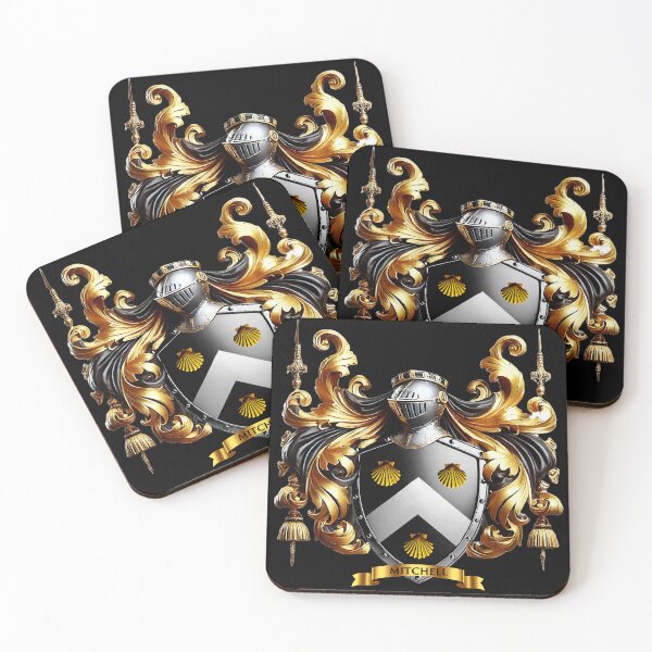 Item preview, Mitchell Family Crest   Bold White Chevron and Gold Shells on Black Shield designed and sold by Highlandkings.