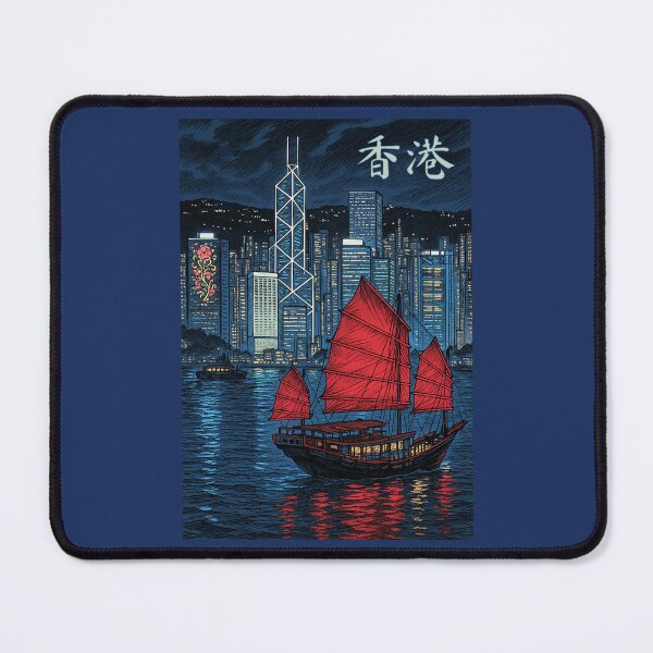 Item preview, Hong Kong Harbour Night Scene Junk Sailing Boat Art designed and sold by Maljonic.