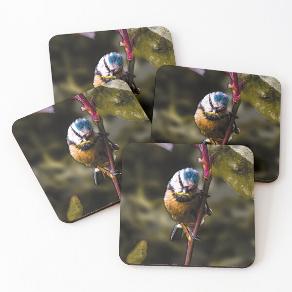 Item preview, Eurasian blue tit bird on a branch with caterpillar in it's beak designed and sold by 1DCX.