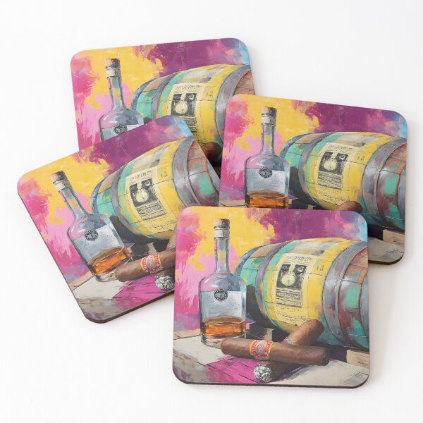 Item preview, Whiskey Bottle and Cigars on Wooden Surface - Vibrant Barrel Background Creates Lively Contrast designed and sold by OlfactoART Studio.